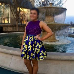 Lucci Lu dress, size 12, purple & yellow with sequin bodice